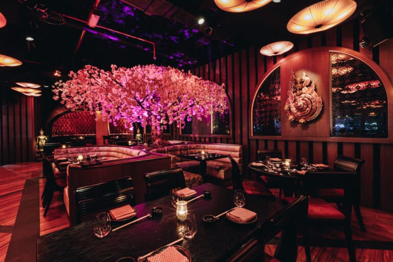 Dining room centred on an illuminated cherry-blossom tree at Asia Asia Business Bay, Dubai